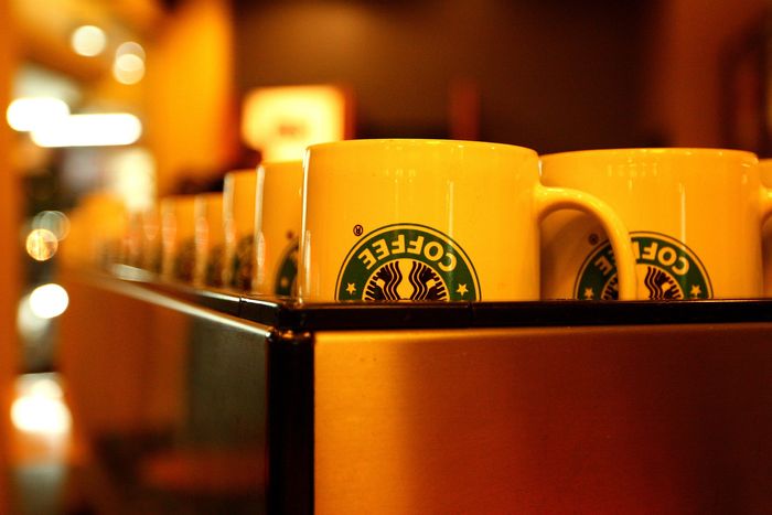 Starbucks coffee mugs placed upside down