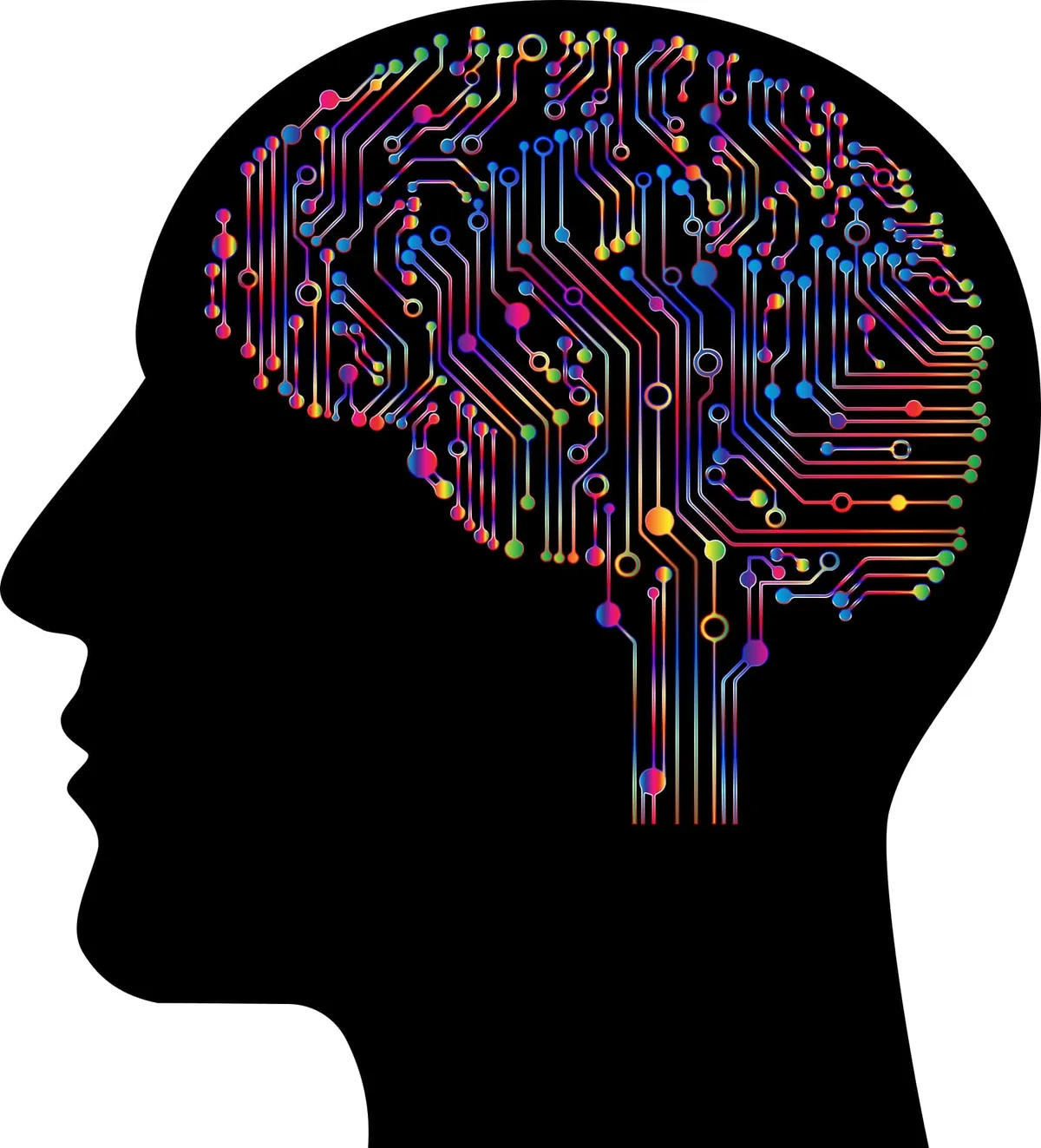 A silhouette of a human head in profile. Instead of a brain, there is circuitry.