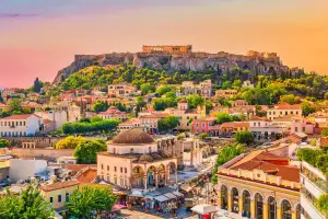 A view of Athens with the Parthenon in the distance.