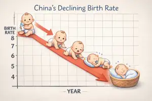 Cute babies form a downward-sloping line on a chart, representing China’s declining birth rate.