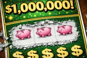 Close-up photo of a $1,000,000 scratch-off lottery ticket on a wooden table, with three piggy bank icons revealed in a scratched silver panel and scratch-off flakes scattered around.