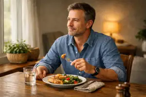 A middle-aged man sits at a wooden dining table in a warm, sunlit room, quietly eating a simple meal of chicken, potatoes, and salad while looking out the window, no phone or other distractions in sight.