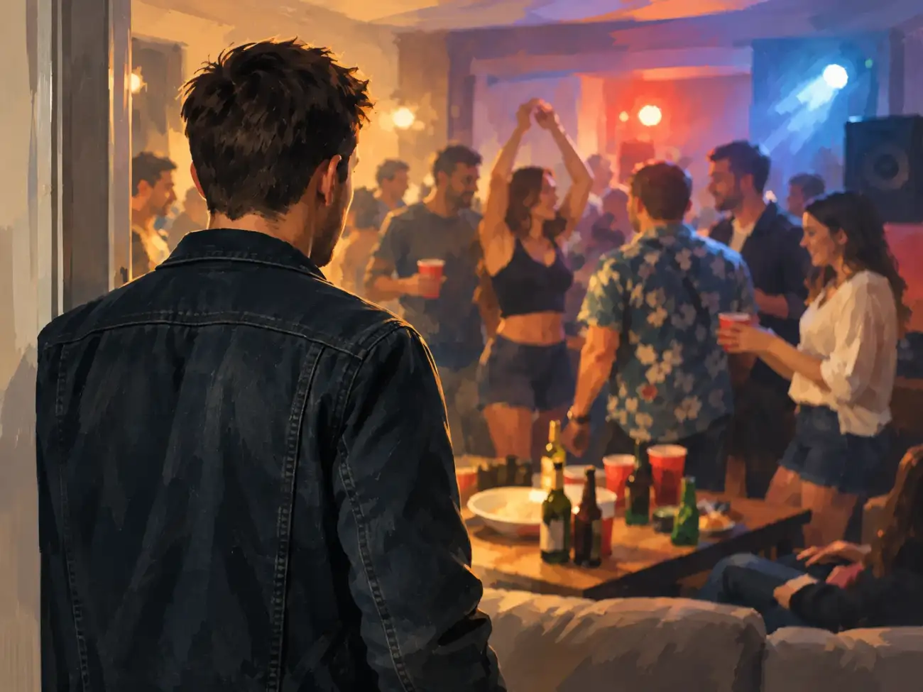 A man stands in his doorway, looking into a crowded living room where strangers are partying under bright lights with cups and bottles on the table.