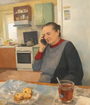 Illustration of an older woman seated at a kitchen table, holding a phone to her ear with a gentle smile; behind her are simple cabinets and a stove with a kettle, and on the table are a slice of cake on plastic wrap and a glass of tea.