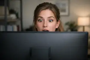 A photorealistic view from behind a large computer monitor shows only the upper face of a young woman peeking over the top edge. Her eyes are wide and her lips slightly parted in surprise as she looks at something on the hidden screen.