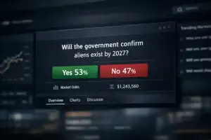 Close-up of a dark, modern prediction market interface showing the question, “Will the government confirm aliens exist by 2027?” with two large outcome buttons below: “Yes 53%” in green and “No 47%” in red. Smaller market details and blurred charts sit in the background, giving the screen a polished financial-platform look.