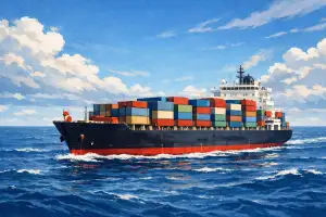 Side-view illustration of a large cargo ship crossing the open ocean under a bright, cloud-filled sky, with a small red fox sitting near the bow as a subtle stowaway.