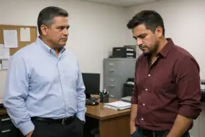 Two Hispanic men stand in a small office during a tense conversation; the older manager looks stern and unemotional while the younger employee looks down, frustrated and disappointed, beside a desk and filing cabinet.