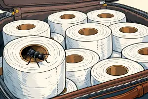 An open suitcase is packed tightly with white toilet paper rolls in a clean-line comic style. In the roll near the front, a black ant crawls out from the cardboard center, while the rest of the frame is filled almost entirely by the stacked rolls and the suitcase interior.