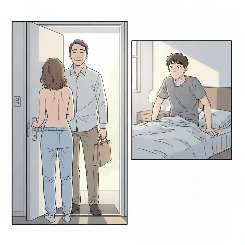 A young woman from behind, bare-backed in pajama bottoms, opens her apartment door to her middle-aged father. Her boyfriend reacts with a shocked expression from the bedroom.