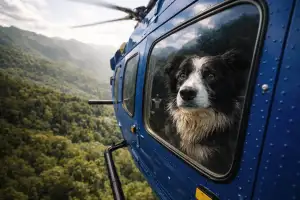 Border collie looking out the window of a blue rescue helicopter flying over dense New Zealand bush.