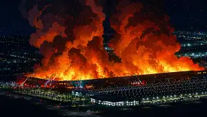 Illustration of a large warehouse fire at night, with bright flames, heavy smoke, and fire trucks nearby.