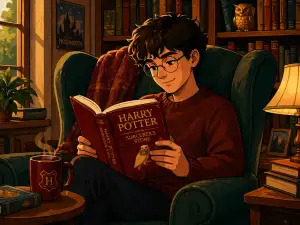 Illustration of a young adult with glasses sitting in a cozy library armchair and reading Harry Potter and the Sorcerer’s Stone, with bookshelves, a lamp, and a steaming mug nearby.