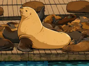 A large pale sea lion sits upright on a crowded wooden dock, surrounded by many resting brown sea lions.