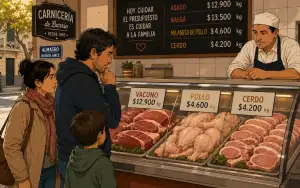 An Argentine family compares beef, chicken, and pork prices at a warm neighborhood butcher shop in Buenos Aires while the parent looks concerned about the cost of beef.