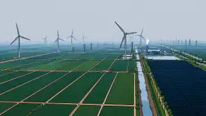 Wide illustrated landscape of green agricultural fields, canals, power lines, and multiple wind turbines fading into a hazy blue-gray sky.