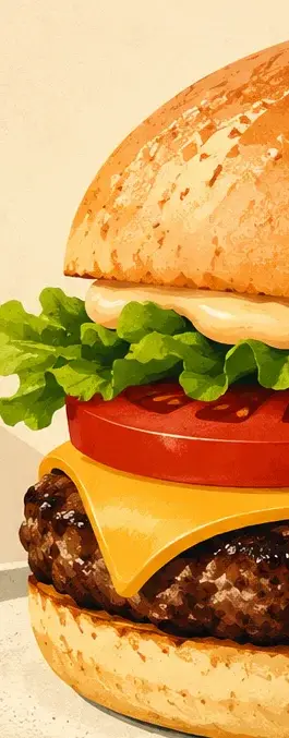 Close-up of a cheeseburger with visible bun, lettuce, tomato, cheese, and meat.