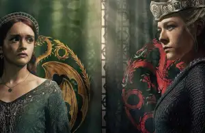 Two women in royal attire, one in green, the other in black, stand in front of different house sigils.