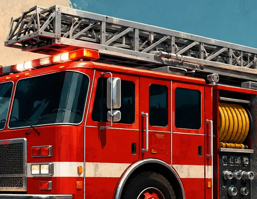 Wide crop of a fire truck showing the ladder on top, the hose on the side, the wheels under the truck, and the lights near the front.