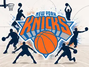 A New York Knicks logo in front with silhouettes of basketball players in action around the logo.