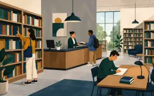 A calm editorial illustration of a public library interior with bookshelves, a help desk, one person choosing a book, a librarian helping a visitor, and another person reading quietly at a table.