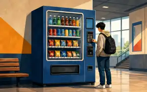 A bold editorial illustration of a blue vending machine in a bright indoor hallway, with rows of drinks and snacks, a screen, buttons, payment area, and pickup door clearly visible while one person presses a button.