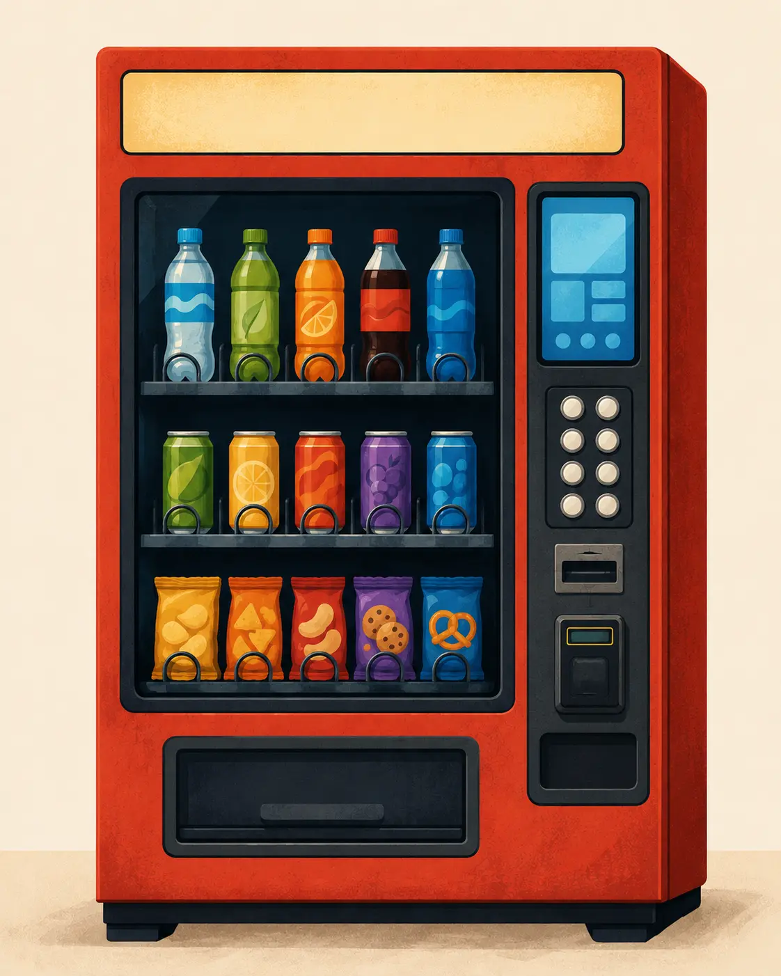 A bold editorial close-up illustration of a red vending machine with rows of drinks and snacks, selection buttons, a payment area, and a pickup door near the bottom.
