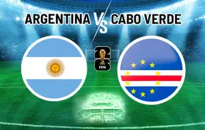 A soccer field background and circular flags representing Argentina and Cabo Verde
