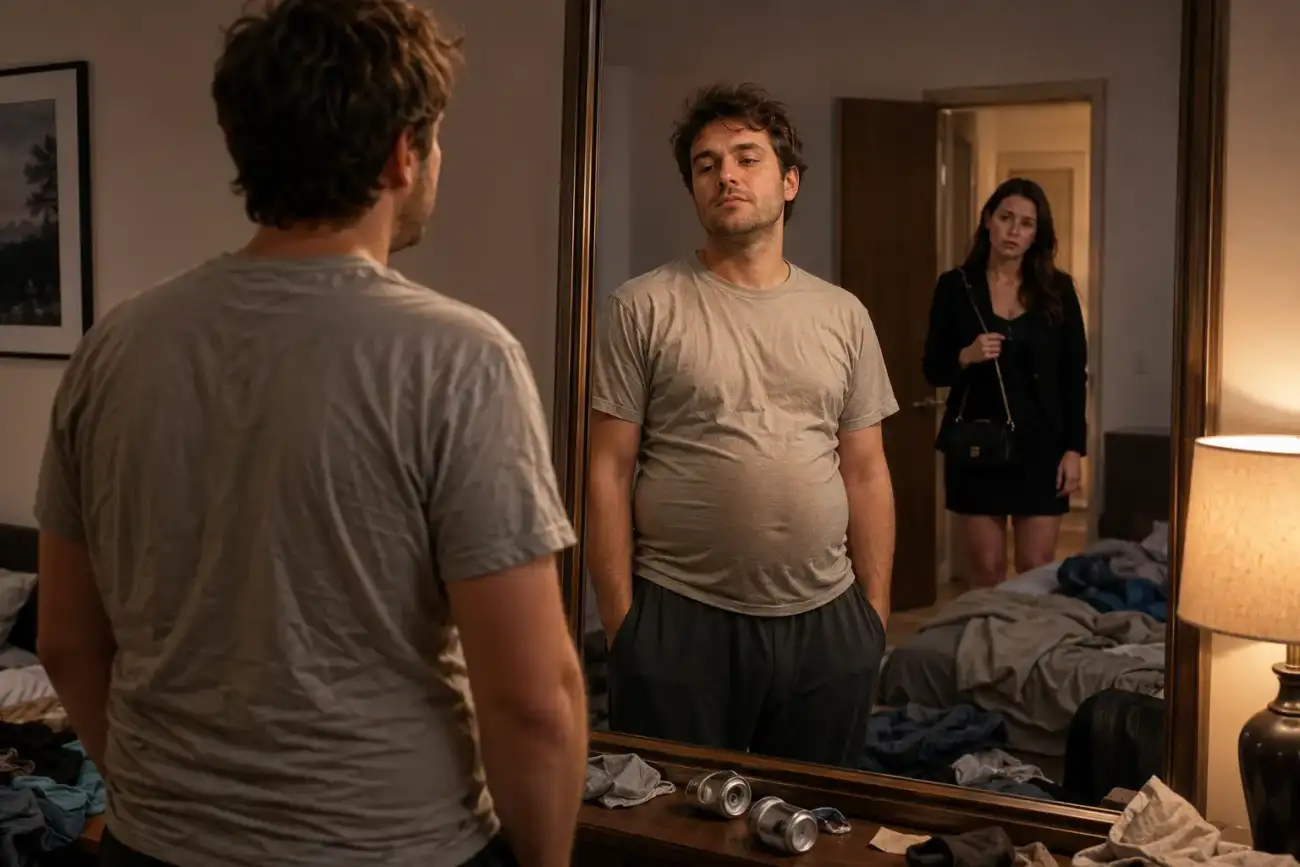 A casually dressed young man stands before a bedroom mirror while his girlfriend, ready to go out, watches him with concern from the doorway of their untidy room.