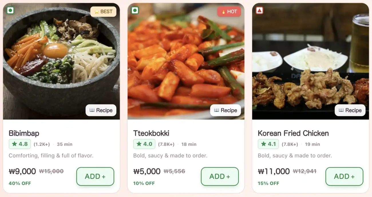 A few fake food options to choose from on a dopamine website. There are bibimbap, Tteokbokki, and Korean Fired Chicken.
