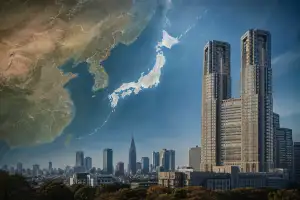 A map of East Asia highlights Japan above a modern Tokyo city skyline.