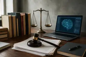 Books, legal documents, a judge's gavel, scales, and a laptop displaying an AI graphic.