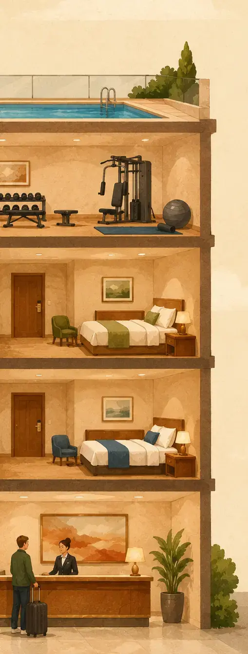 Cropped cutaway illustration of a hotel showing, from top to bottom, a rooftop pool, a gym with exercise machines, two guest room floors, and a lobby front desk where a guest with a suitcase speaks to a hotel worker.