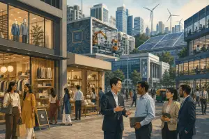 Busy modern business district with shops, office workers, factory robots, solar panels, and wind turbines.