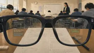 View through black smart glasses at an exam room, with students taking a test, a proctor standing at the front, and AI-generated translation, grammar, hint, and answer overlays visible on the exam paper.