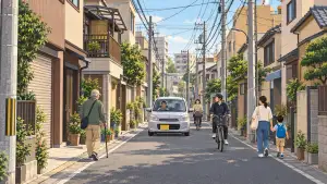 Illustrated narrow residential street with a car, two cyclists, an older pedestrian, and an adult walking with a child.
