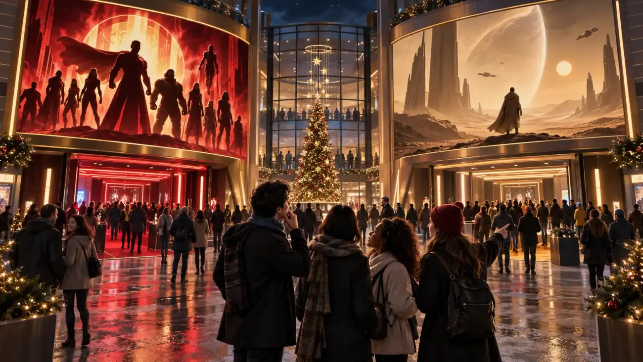 A crowded, Christmas-decorated cinema lobby with giant contrasting sci-fi and superhero movie displays above the entrances.