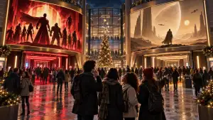 A crowded, Christmas-decorated cinema lobby with giant contrasting sci-fi and superhero movie displays above the entrances.
