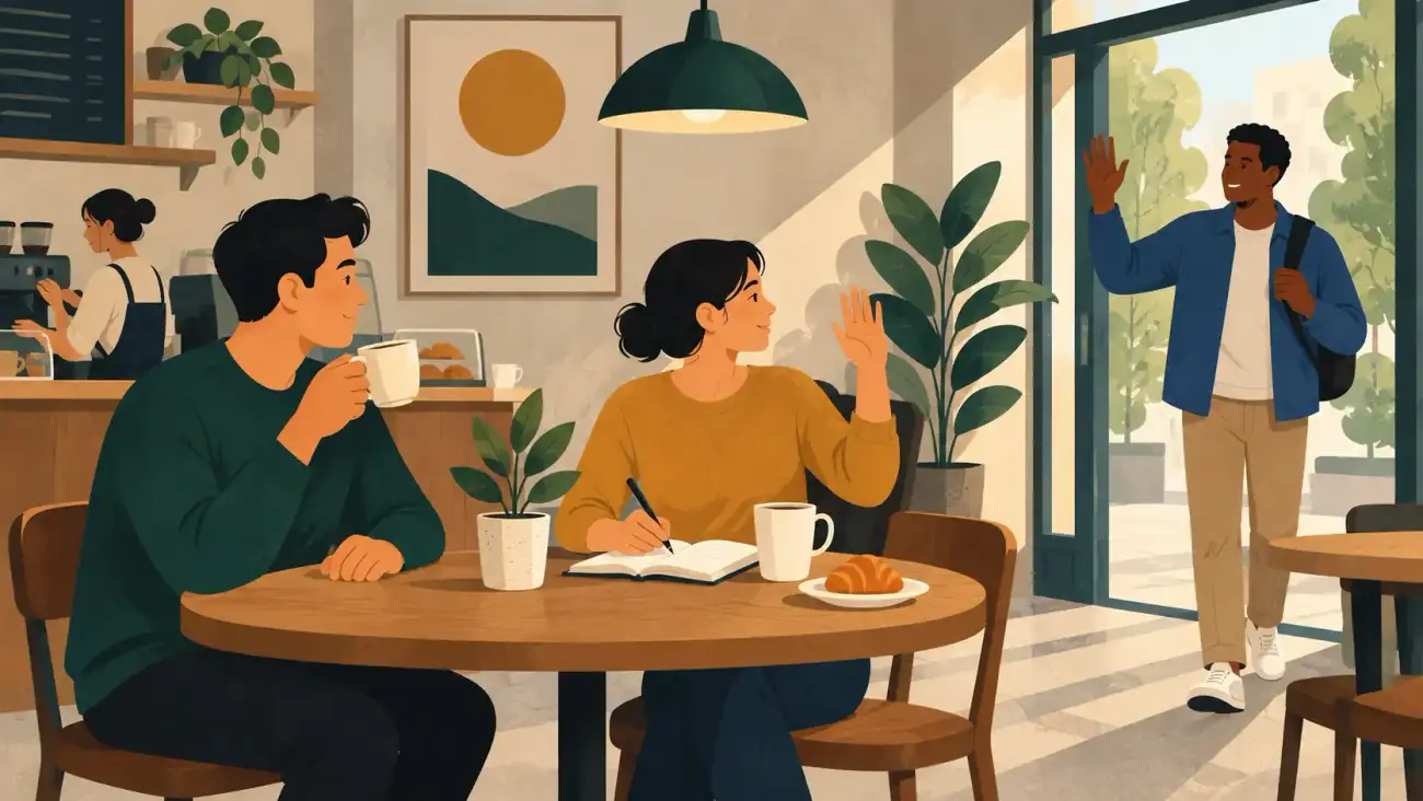 Three adults in a café use their hands to hold a cup, write in a notebook, and wave hello.