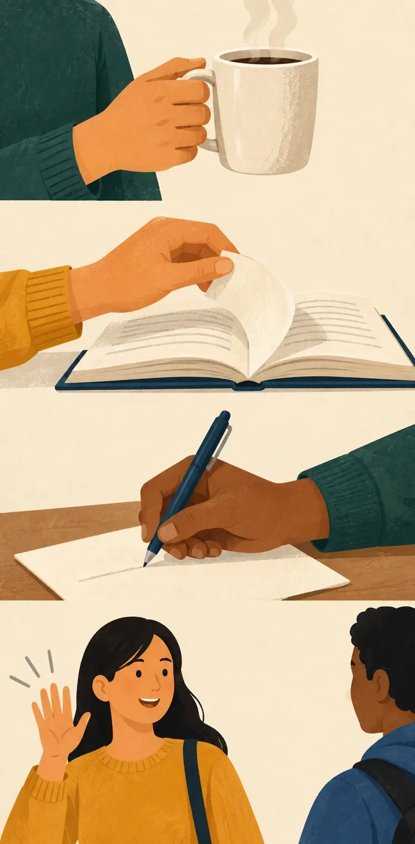 Four stacked scenes show hands holding a cup, turning a page in a book, writing with a pen, and waving hello to another person.