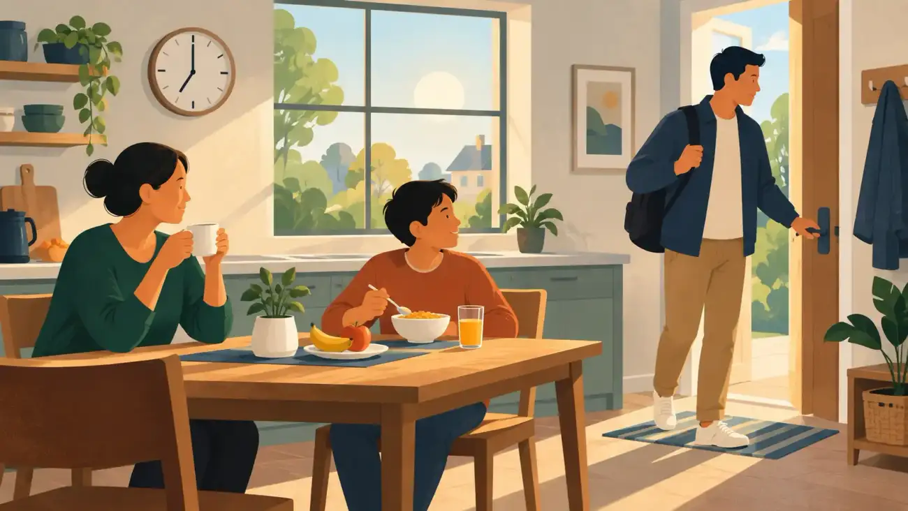 A family gets ready for the day in a bright kitchen. One person eats breakfast at the table while another, wearing a jacket and backpack, leaves through the front door.