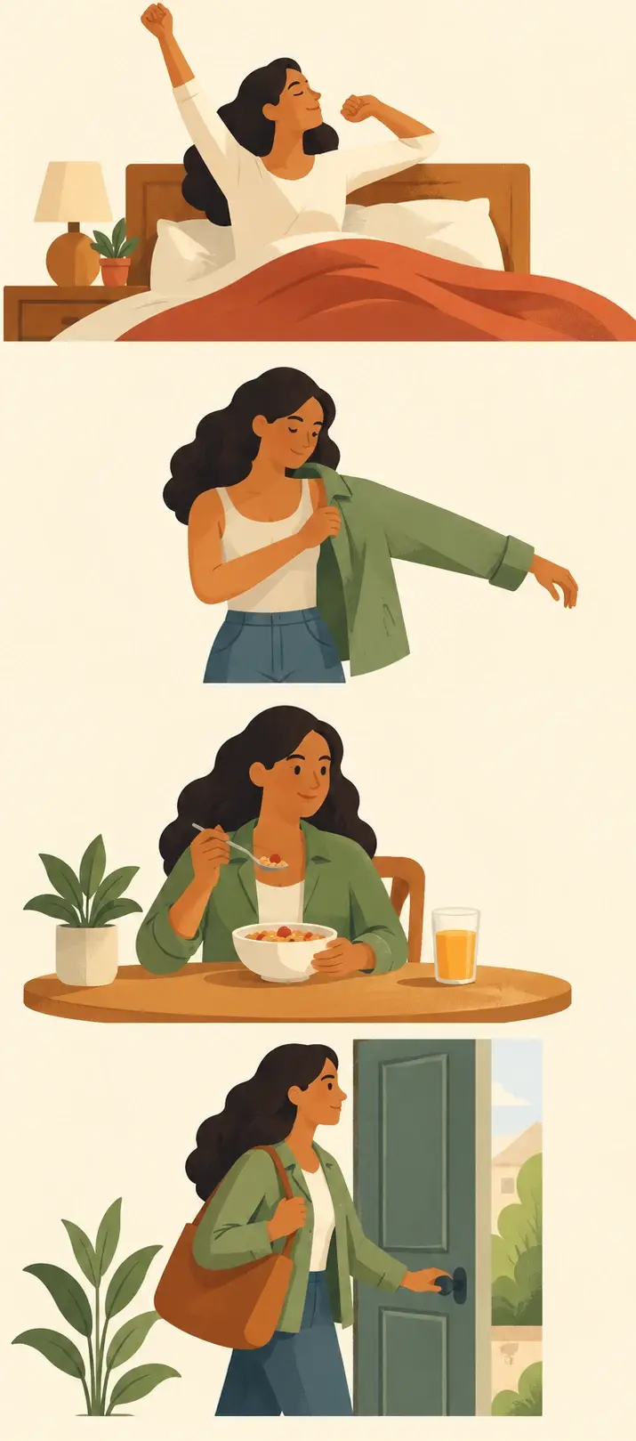 A woman goes through four parts of her morning routine: waking up and stretching in bed, putting on a green jacket, eating breakfast at a table, and leaving home through the front door with a shoulder bag.