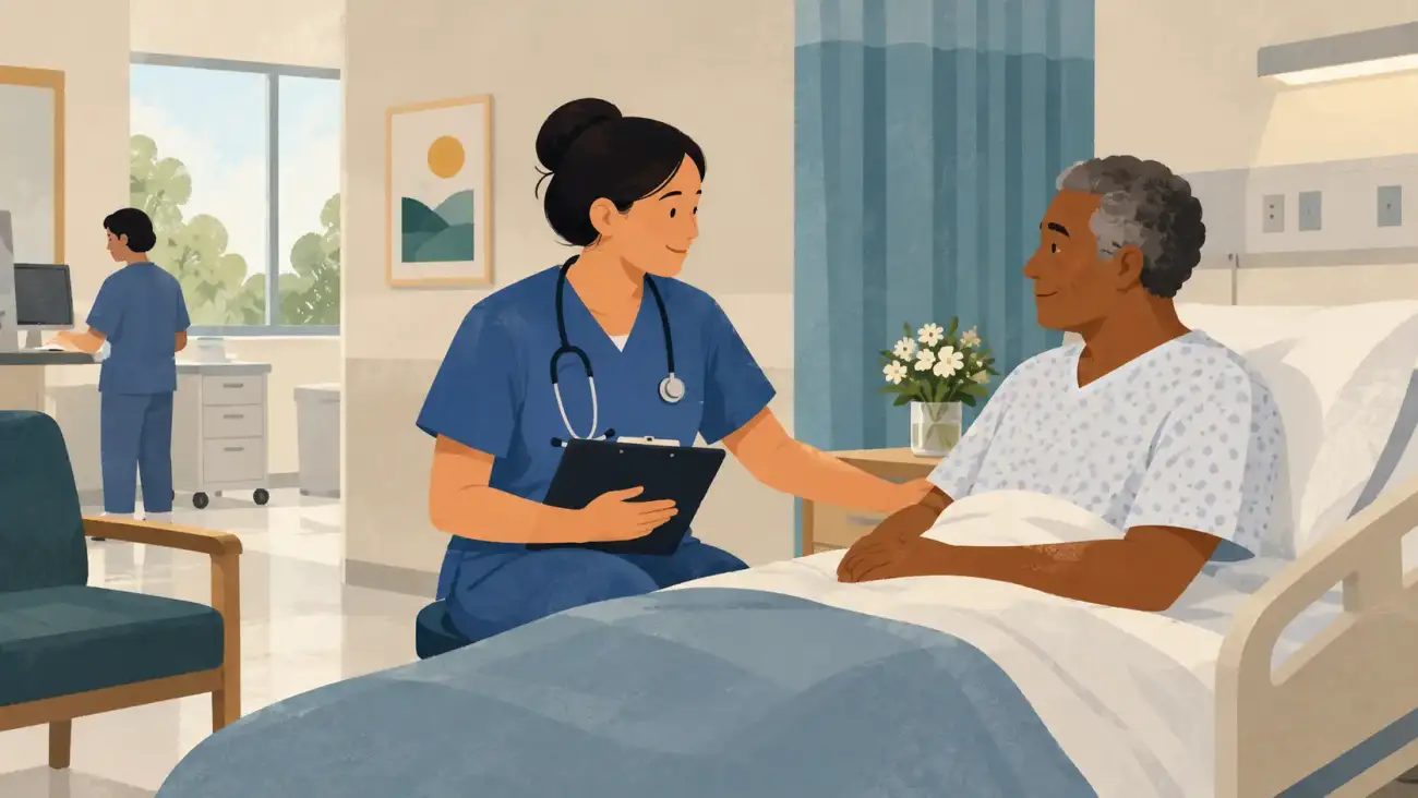 A nurse in blue scrubs talks with an older patient resting in a hospital bed while another healthcare worker works in the background.