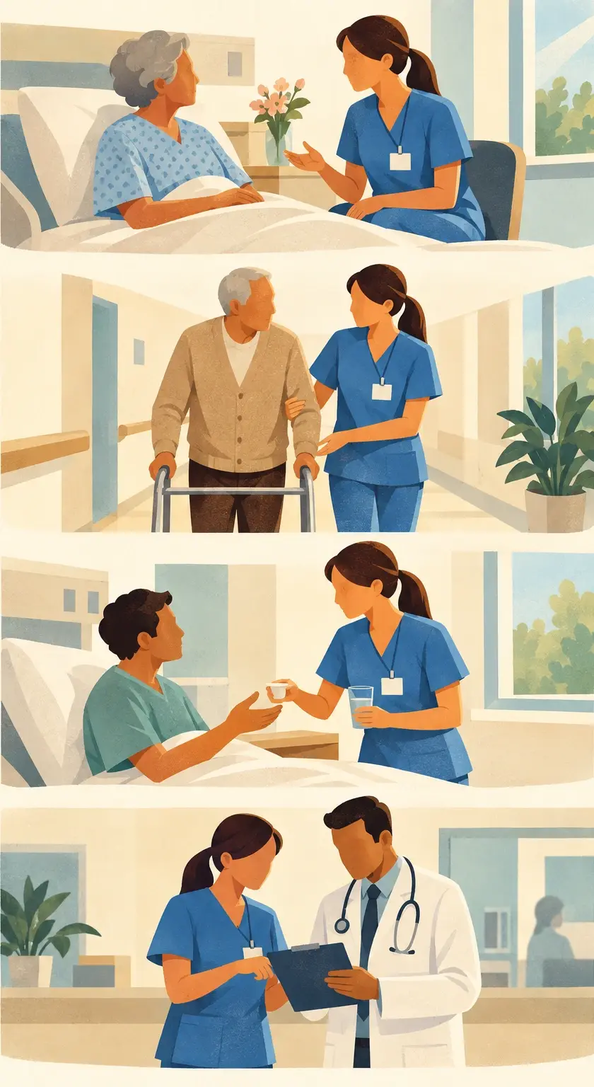 A tall illustration with four stacked scenes showing the same nurse in blue scrubs: talking with a patient at a bedside, helping an older patient walk in a hallway, giving a patient medicine and a glass of water, and working with a doctor while looking at a clipboard.