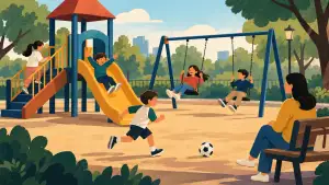 Children climb, slide, swing, and run at an outdoor playground while a parent watches from a nearby bench.