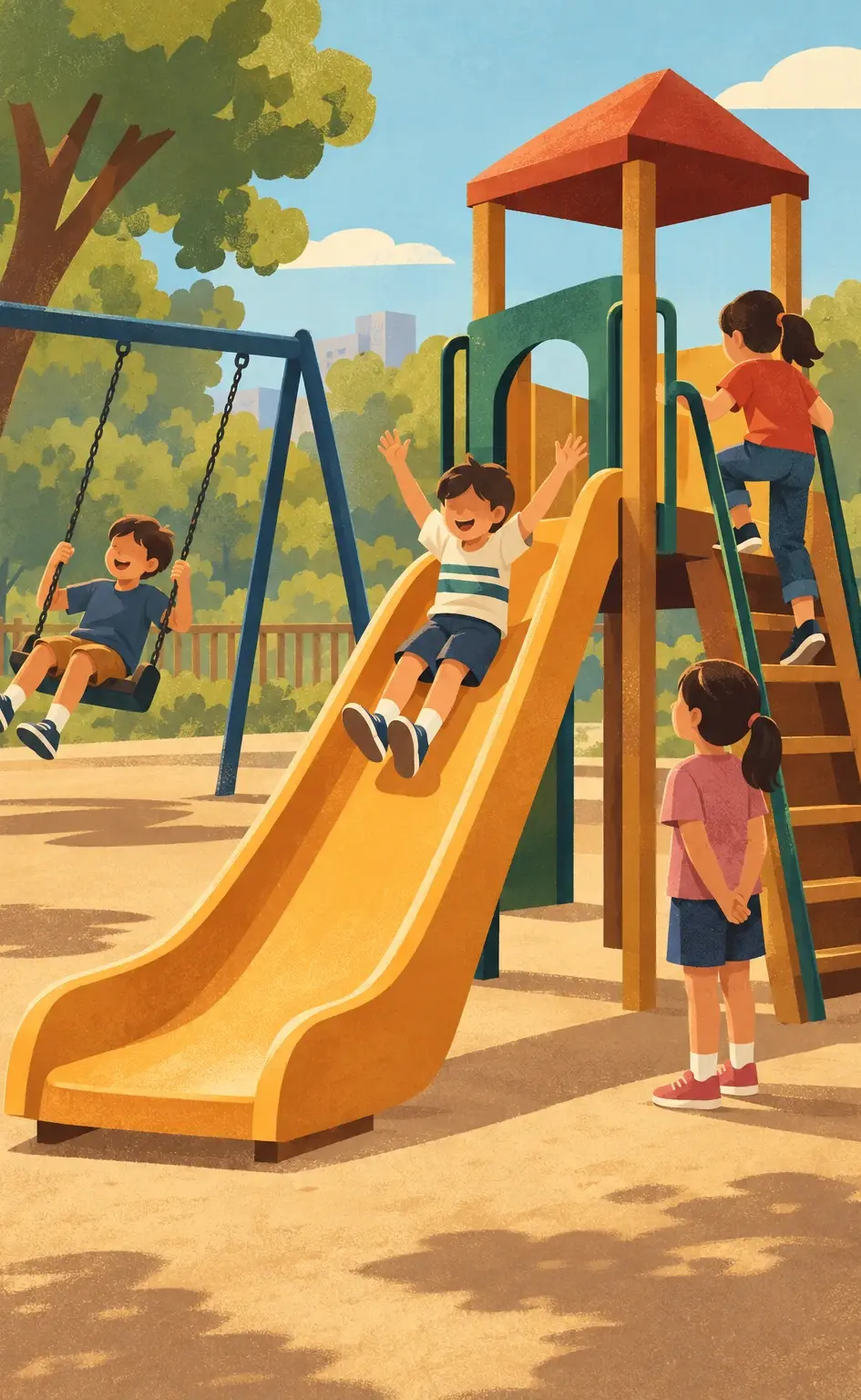 Four children play on a playground: one climbs the slide ladder, one slides down, one swings back and forth, and one waits beside the ladder for a turn.