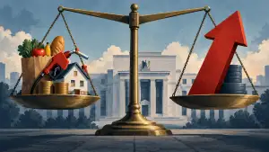 Illustration of a balance scale in front of a large government-style building, weighing household costs against a red upward arrow and stacks of coins.