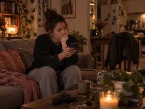 A worried young woman sits alone on her sofa holding her phone, with signs that someone else regularly spends time in her apartment.