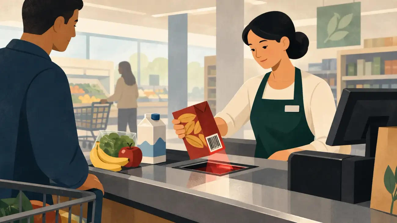 A supermarket cashier scans a packaged product over a checkout scanner, with the barcode clearly visible on the package and groceries beside it.