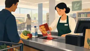 A supermarket cashier scans a packaged product over a checkout scanner, with the barcode clearly visible on the package and groceries beside it.